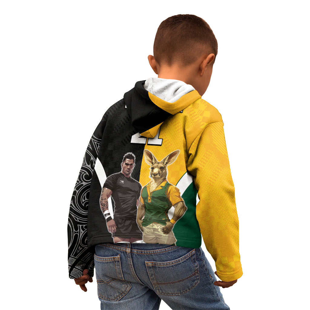 Custom New Zealand and Australia Rugby Kid Hoodie Kangroo and Maori Warrior Together - Vibe Hoodie Shop