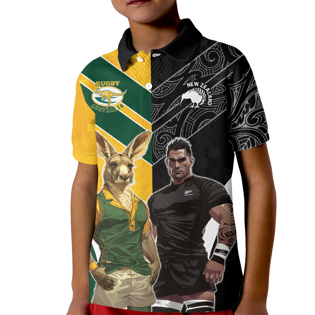 Custom New Zealand and Australia Rugby Kid Polo Shirt Kangroo and Maori Warrior Together - Vibe Hoodie Shop