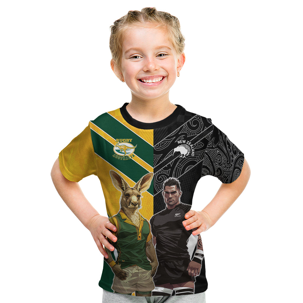 Custom New Zealand and Australia Rugby Kid T Shirt Kangroo and Maori Warrior Together - Vibe Hoodie Shop