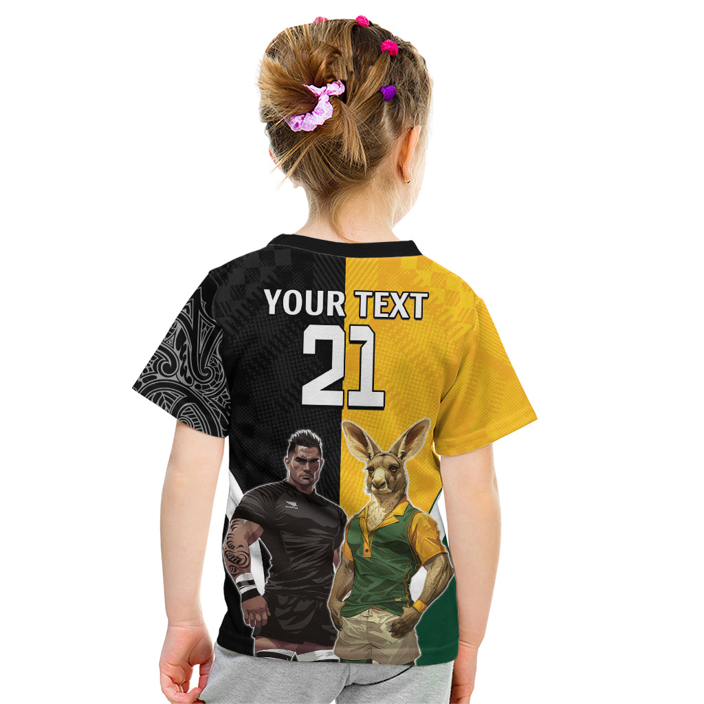 Custom New Zealand and Australia Rugby Kid T Shirt Kangroo and Maori Warrior Together - Vibe Hoodie Shop