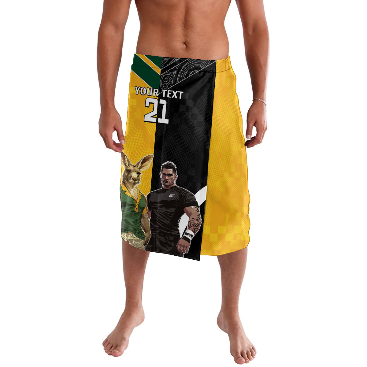 Custom New Zealand and Australia Rugby Lavalava Kangroo and Maori Warrior Together