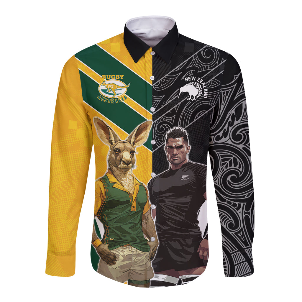 Custom New Zealand and Australia Rugby Long Sleeve Button Shirt Kangroo and Maori Warrior Together - Vibe Hoodie Shop