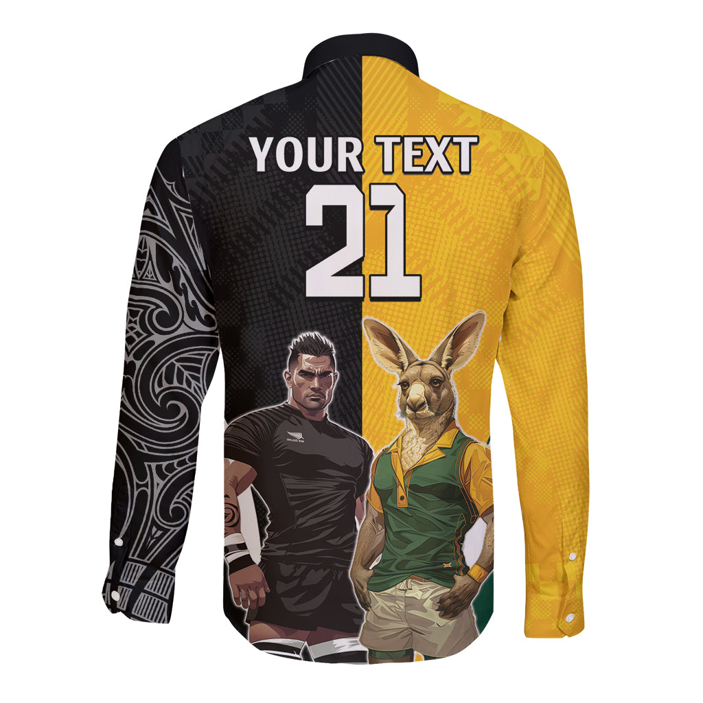Custom New Zealand and Australia Rugby Long Sleeve Button Shirt Kangroo and Maori Warrior Together - Vibe Hoodie Shop