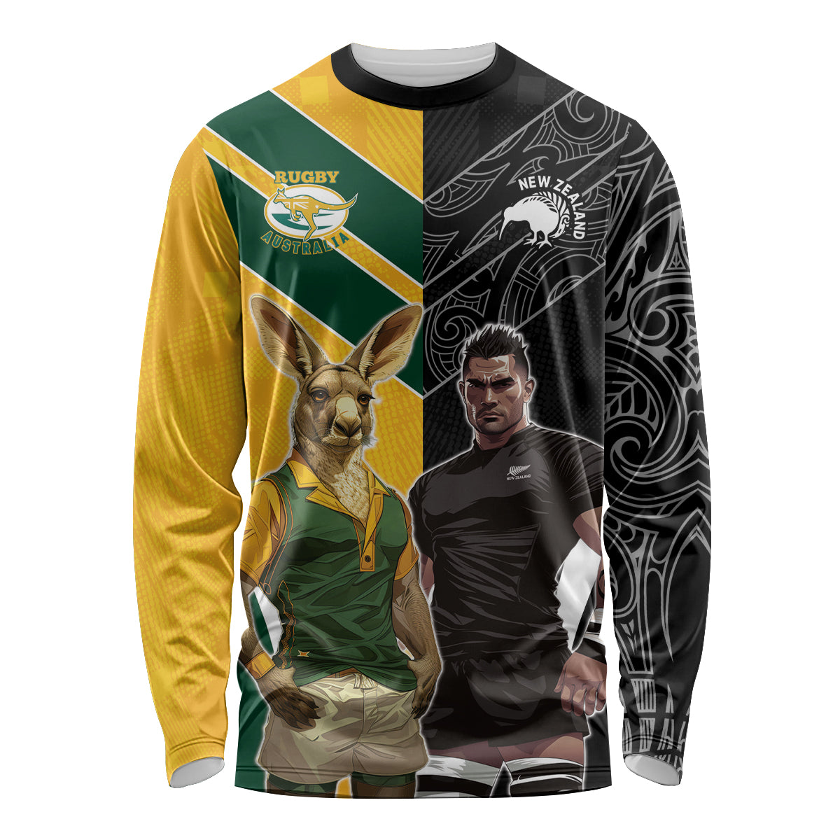 Custom New Zealand and Australia Rugby Long Sleeve Shirt Kangroo and Maori Warrior Together - Vibe Hoodie Shop