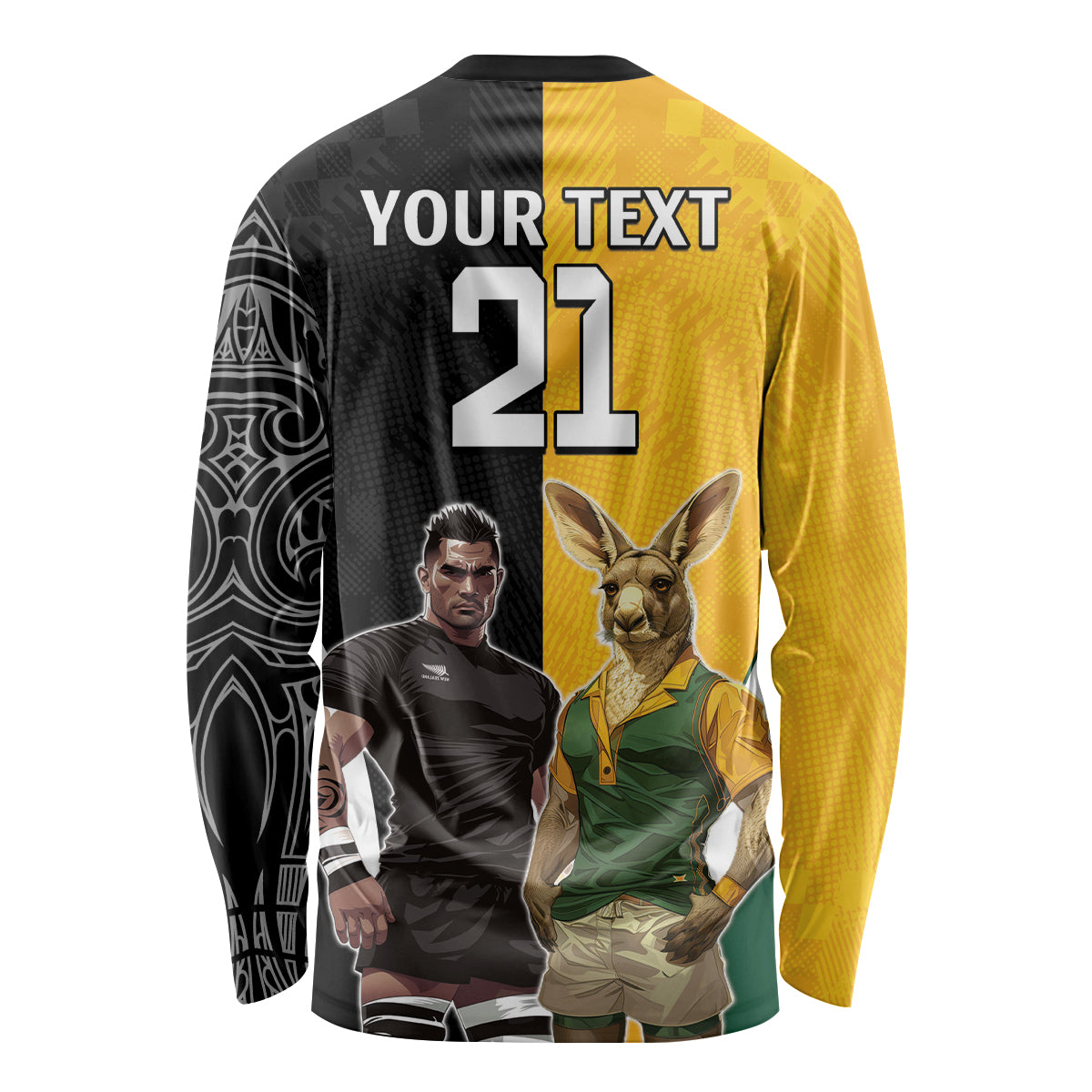 Custom New Zealand and Australia Rugby Long Sleeve Shirt Kangroo and Maori Warrior Together - Vibe Hoodie Shop