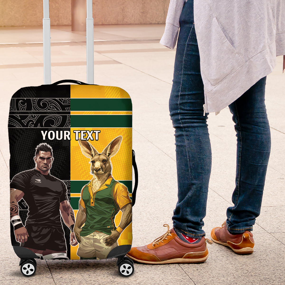 Custom New Zealand and Australia Rugby Luggage Cover Kangroo and Maori Warrior Together - Vibe Hoodie Shop