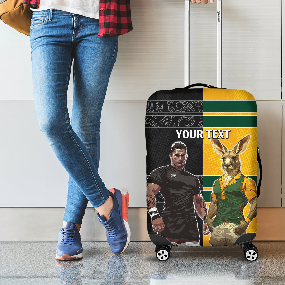 Custom New Zealand and Australia Rugby Luggage Cover Kangroo and Maori Warrior Together - Vibe Hoodie Shop