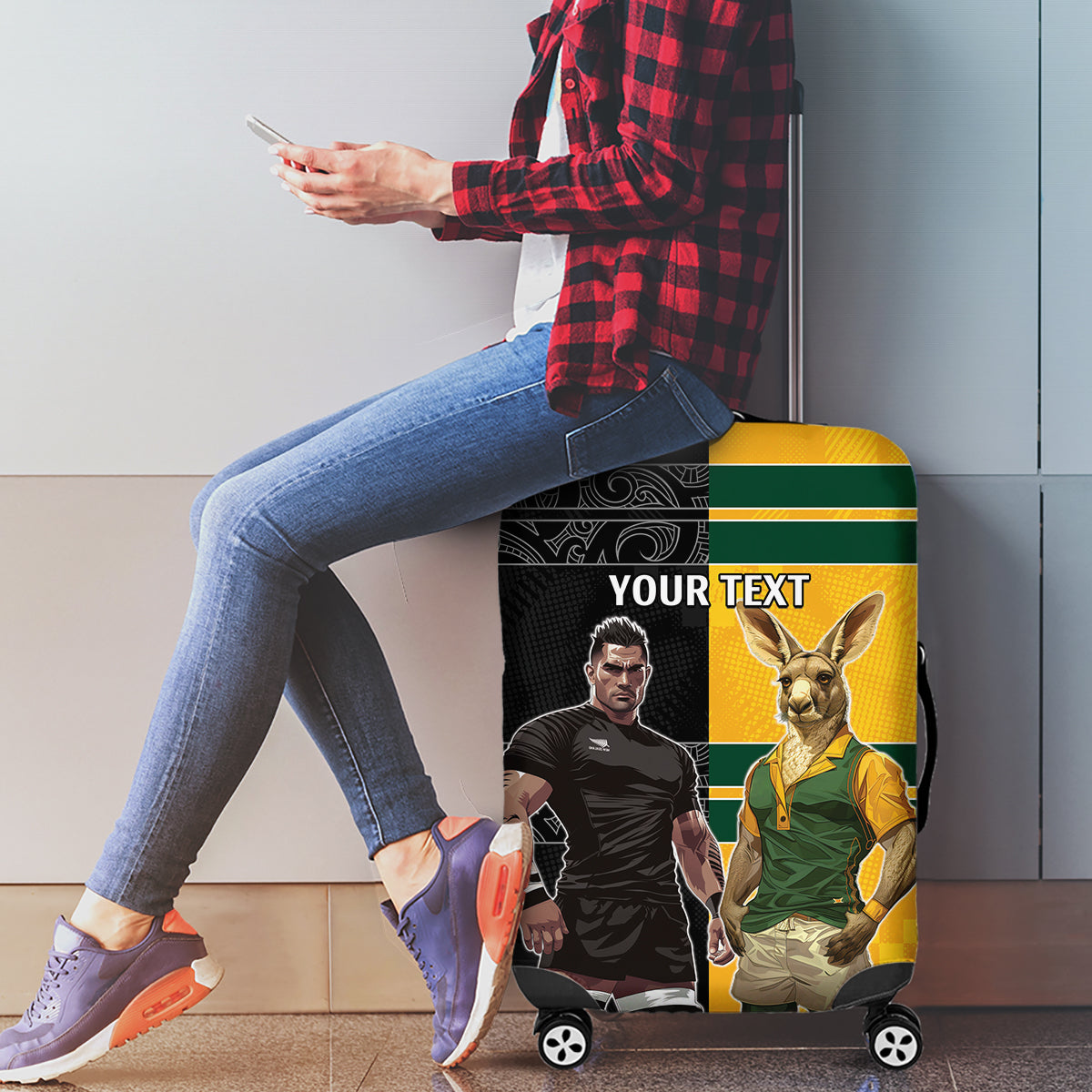 Custom New Zealand and Australia Rugby Luggage Cover Kangroo and Maori Warrior Together - Vibe Hoodie Shop