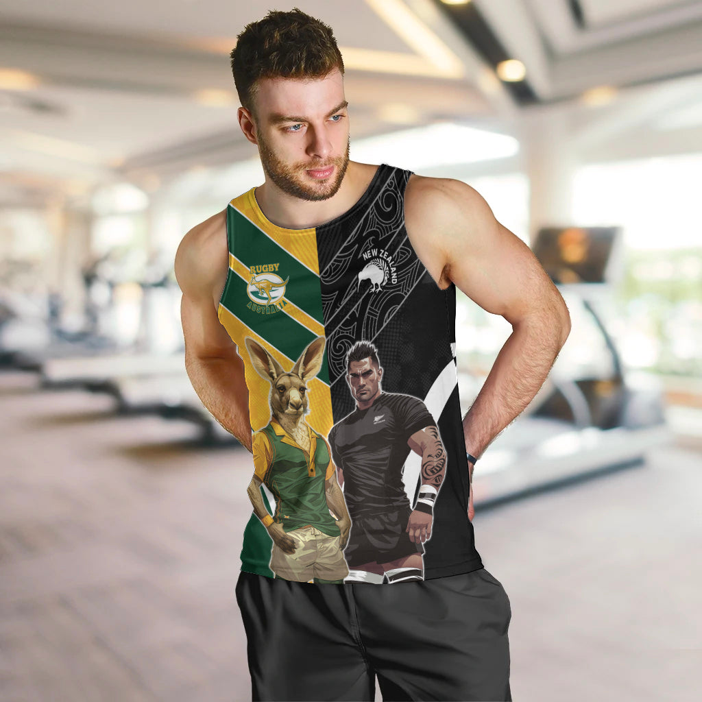 Custom New Zealand and Australia Rugby Men Tank Top Kangroo and Maori Warrior Together - Vibe Hoodie Shop