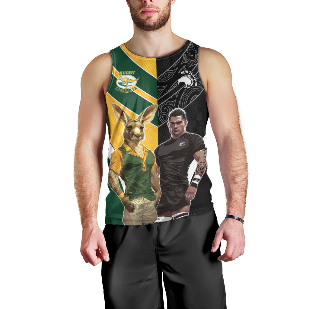 Custom New Zealand and Australia Rugby Men Tank Top Kangroo and Maori Warrior Together - Vibe Hoodie Shop