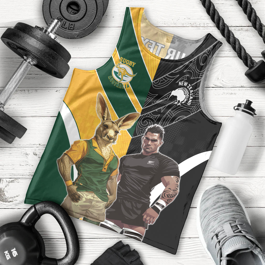 Custom New Zealand and Australia Rugby Men Tank Top Kangroo and Maori Warrior Together - Vibe Hoodie Shop