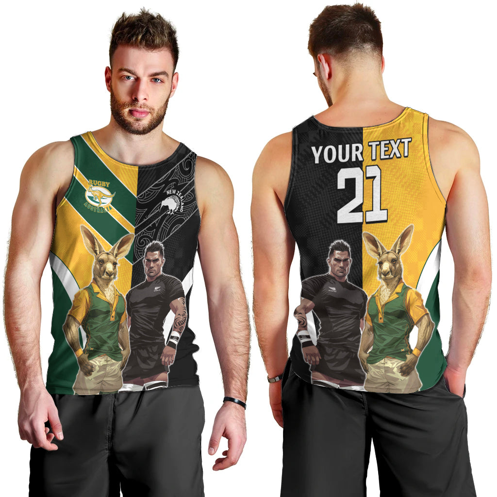 Custom New Zealand and Australia Rugby Men Tank Top Kangroo and Maori Warrior Together - Vibe Hoodie Shop