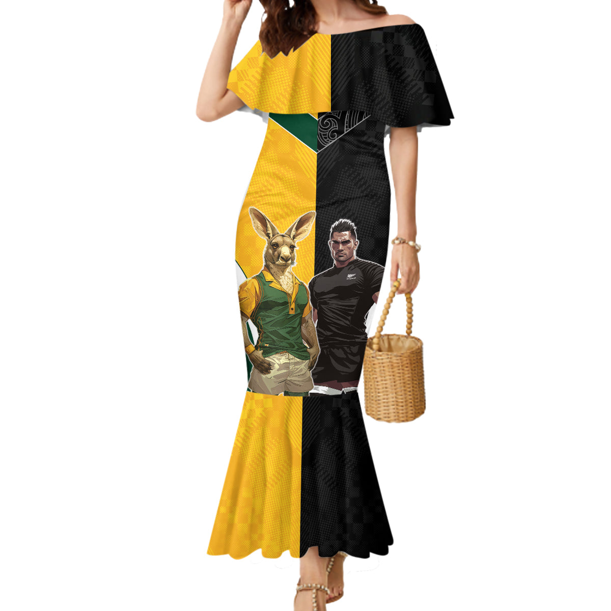 Custom New Zealand and Australia Rugby Mermaid Dress Kangroo and Maori Warrior Together