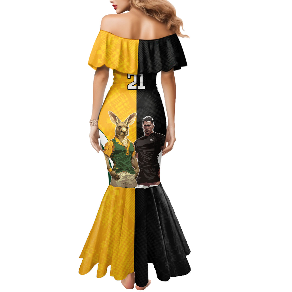 Custom New Zealand and Australia Rugby Mermaid Dress Kangroo and Maori Warrior Together