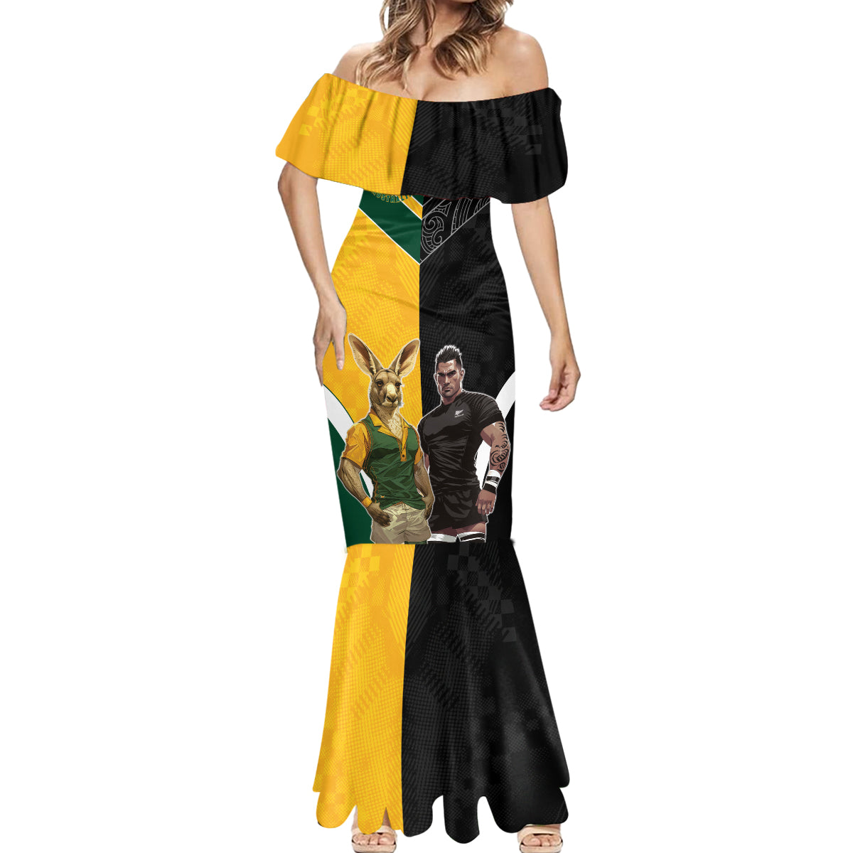 Custom New Zealand and Australia Rugby Mermaid Dress Kangroo and Maori Warrior Together