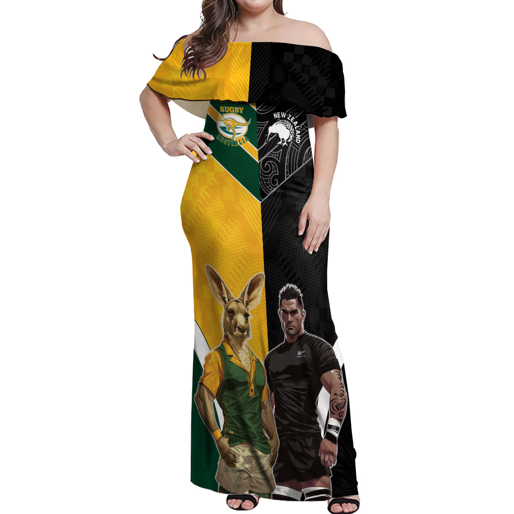 Custom New Zealand and Australia Rugby Off Shoulder Maxi Dress Kangroo and Maori Warrior Together