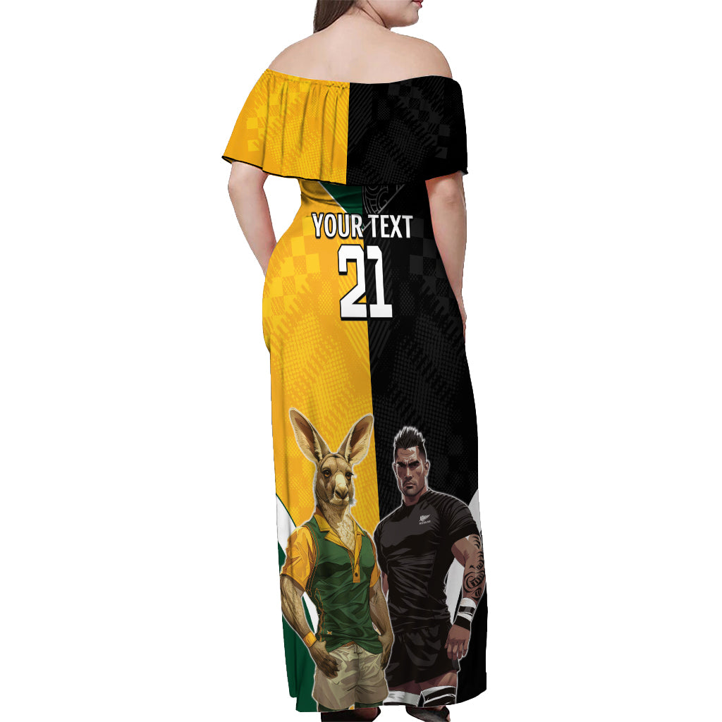 Custom New Zealand and Australia Rugby Off Shoulder Maxi Dress Kangroo and Maori Warrior Together