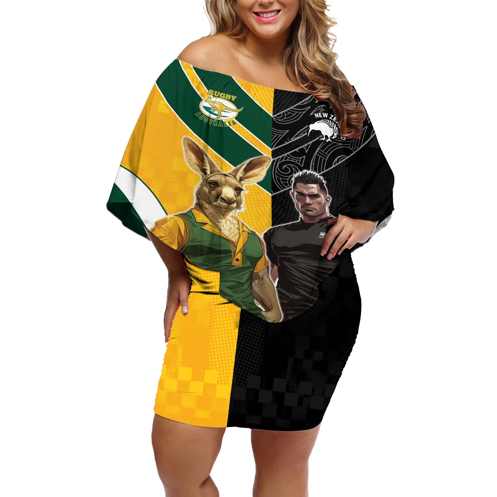 Custom New Zealand and Australia Rugby Off Shoulder Short Dress Kangroo and Maori Warrior Together