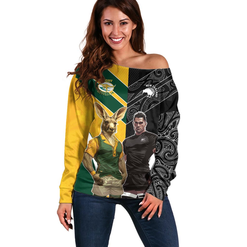 Custom New Zealand and Australia Rugby Off Shoulder Sweater Kangroo and Maori Warrior Together - Vibe Hoodie Shop