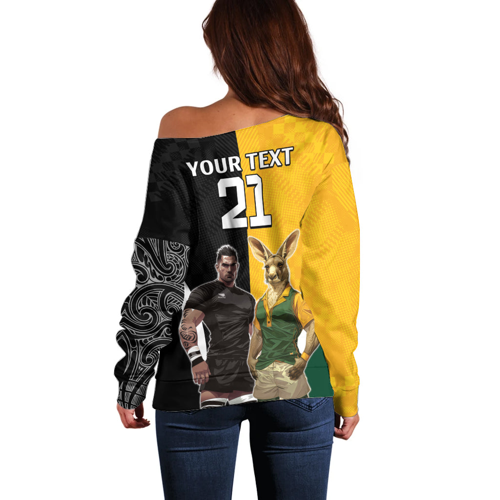 Custom New Zealand and Australia Rugby Off Shoulder Sweater Kangroo and Maori Warrior Together - Vibe Hoodie Shop
