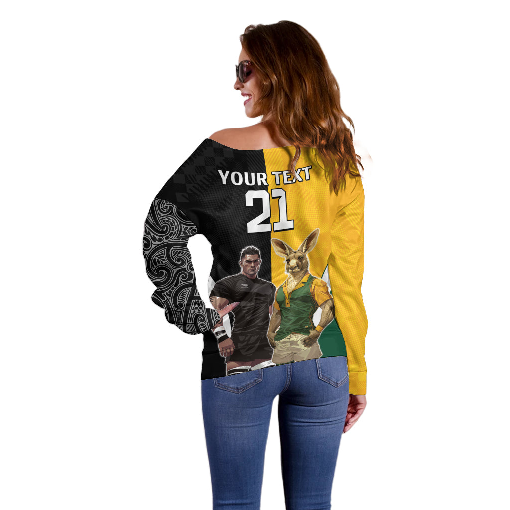 Custom New Zealand and Australia Rugby Off Shoulder Sweater Kangroo and Maori Warrior Together - Vibe Hoodie Shop