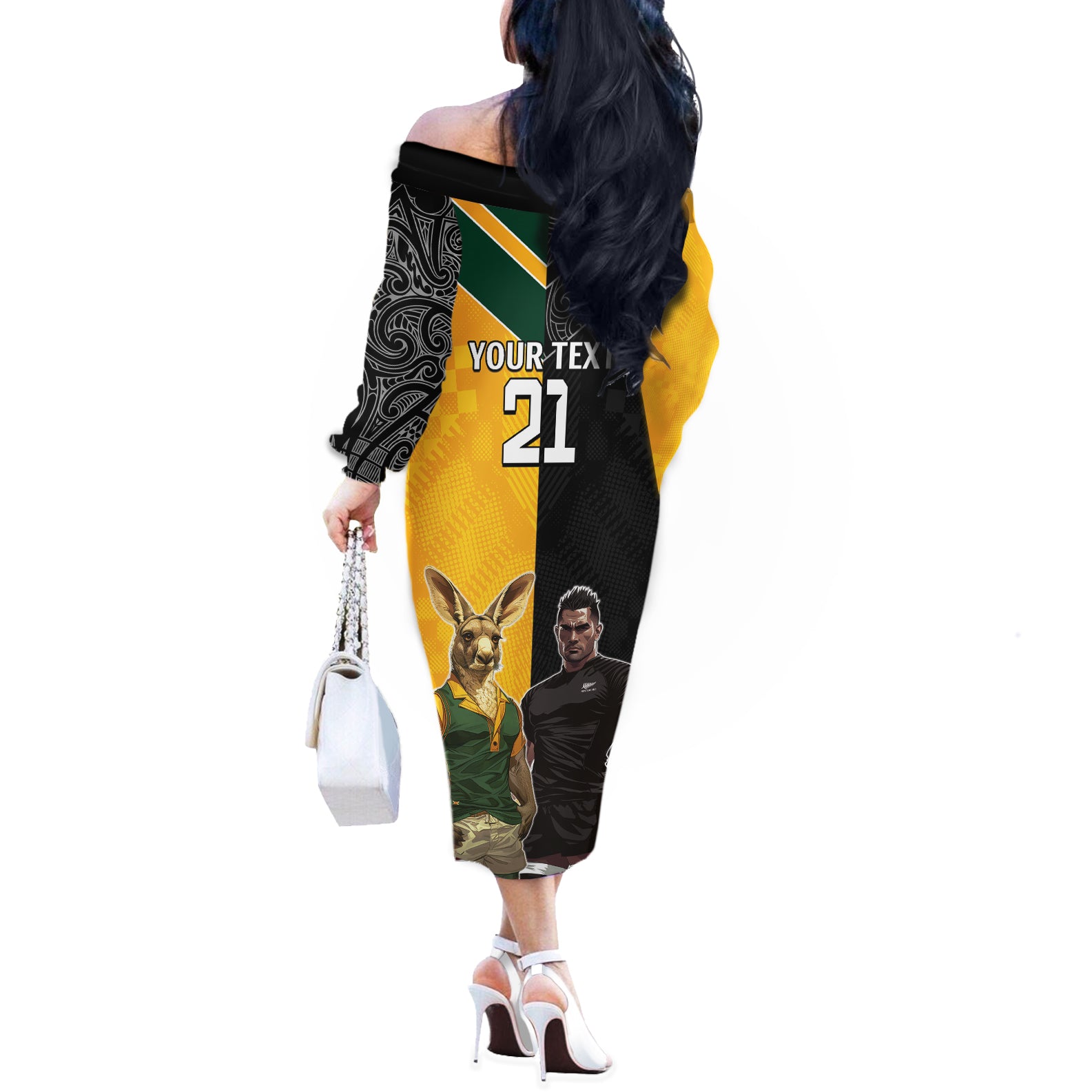 Custom New Zealand and Australia Rugby Off The Shoulder Long Sleeve Dress Kangroo and Maori Warrior Together