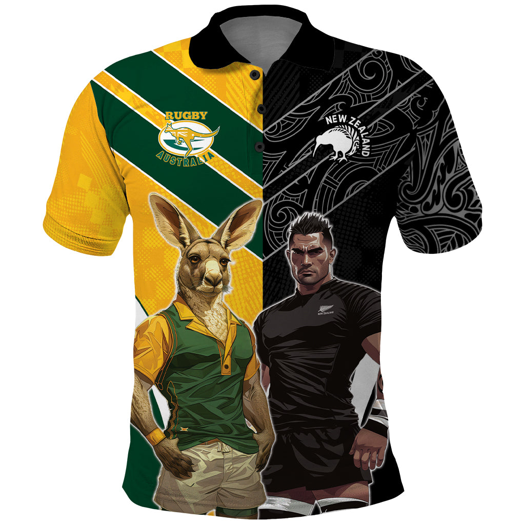 Custom New Zealand and Australia Rugby Polo Shirt Kangroo and Maori Warrior Together LT9 - Vibe Hoodie Shop