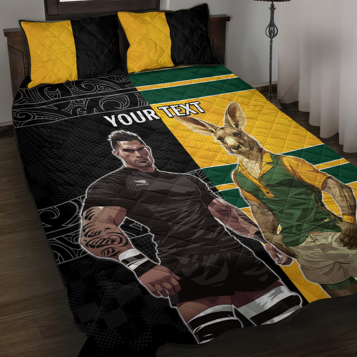 Custom New Zealand and Australia Rugby Quilt Bed Set Kangroo and Maori Warrior Together - Vibe Hoodie Shop