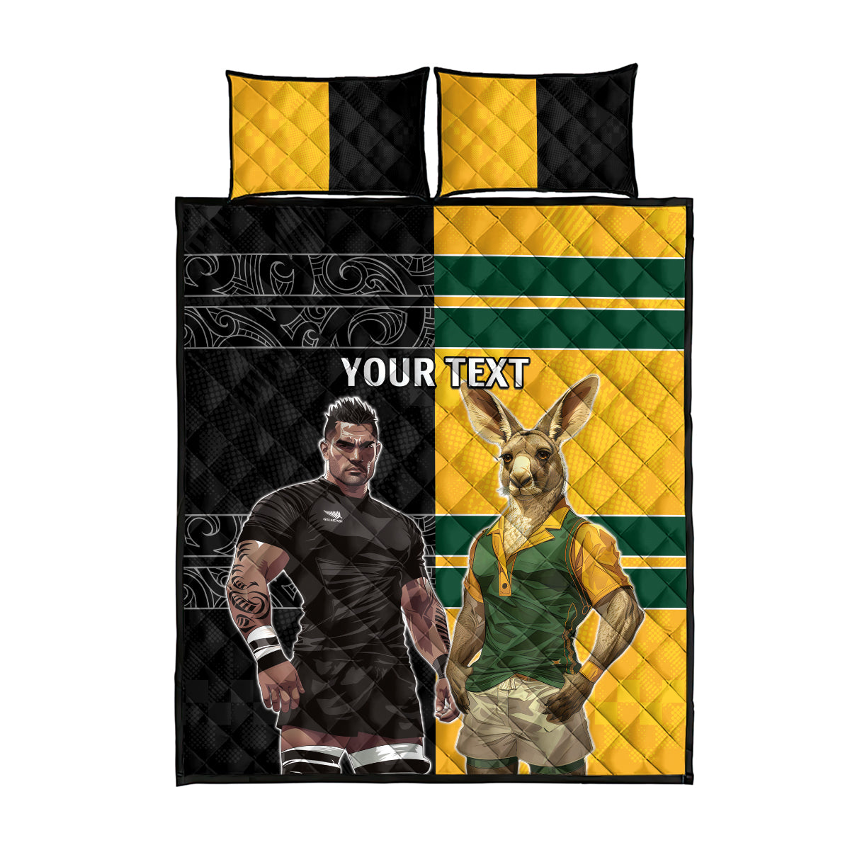 Custom New Zealand and Australia Rugby Quilt Bed Set Kangroo and Maori Warrior Together - Vibe Hoodie Shop