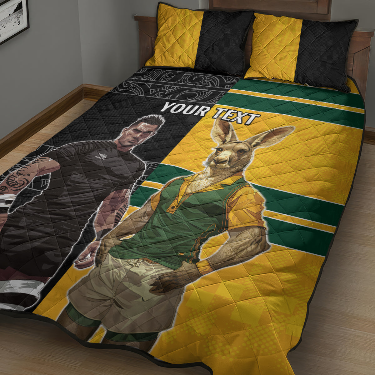 Custom New Zealand and Australia Rugby Quilt Bed Set Kangroo and Maori Warrior Together - Vibe Hoodie Shop