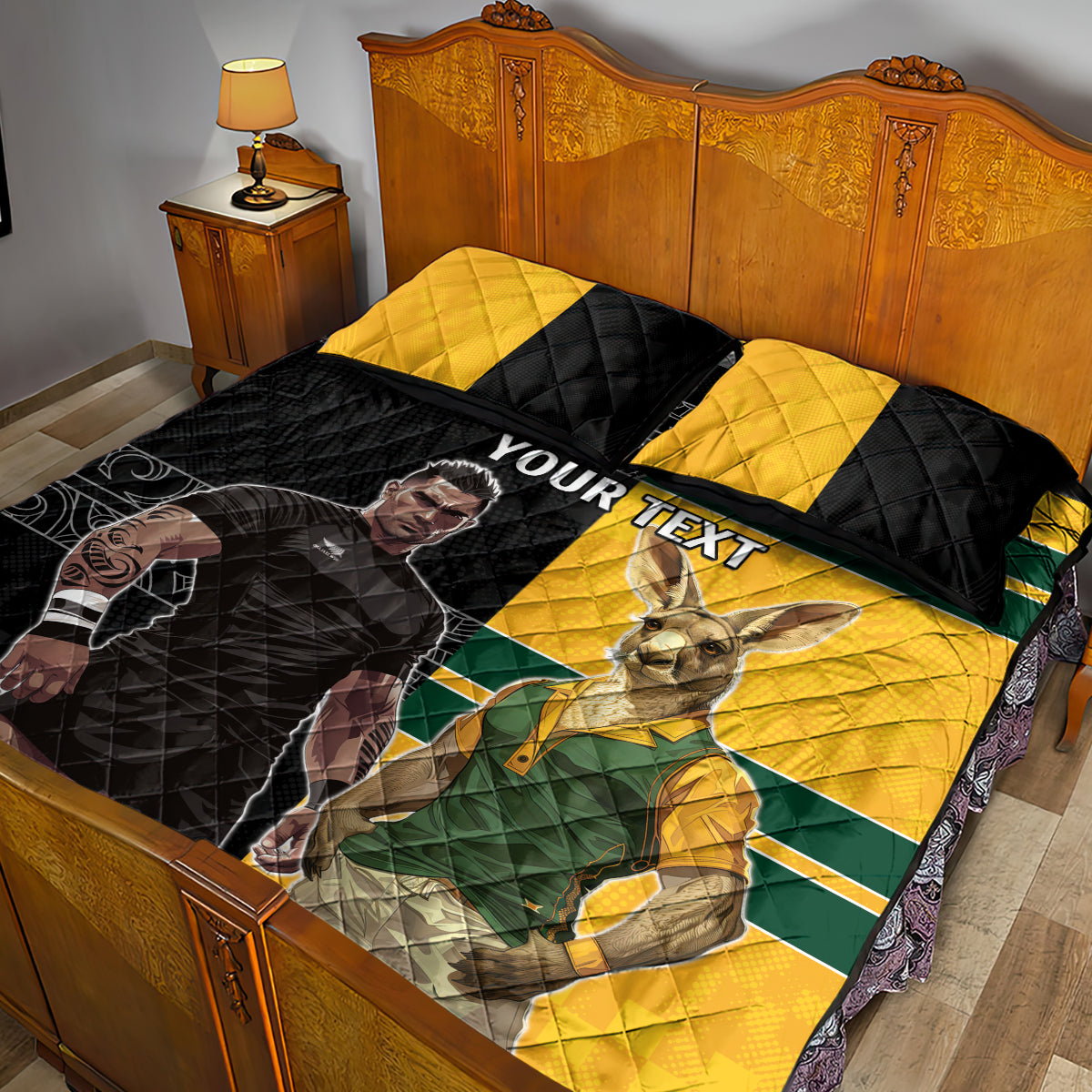 Custom New Zealand and Australia Rugby Quilt Bed Set Kangroo and Maori Warrior Together - Vibe Hoodie Shop