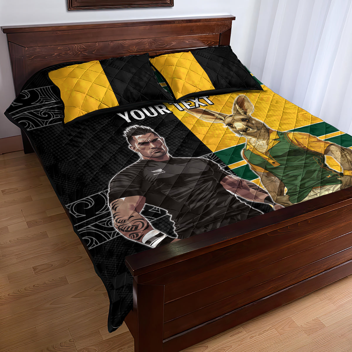 Custom New Zealand and Australia Rugby Quilt Bed Set Kangroo and Maori Warrior Together - Vibe Hoodie Shop