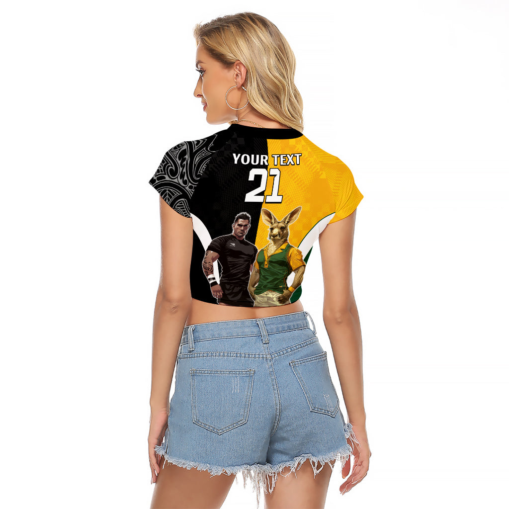 Custom New Zealand and Australia Rugby Raglan Cropped T Shirt Kangroo and Maori Warrior Together - Vibe Hoodie Shop