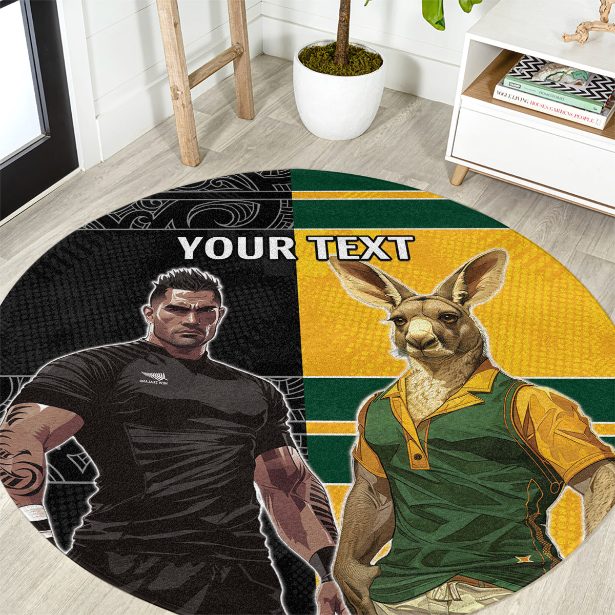 Custom New Zealand and Australia Rugby Round Carpet Kangroo and Maori Warrior Together