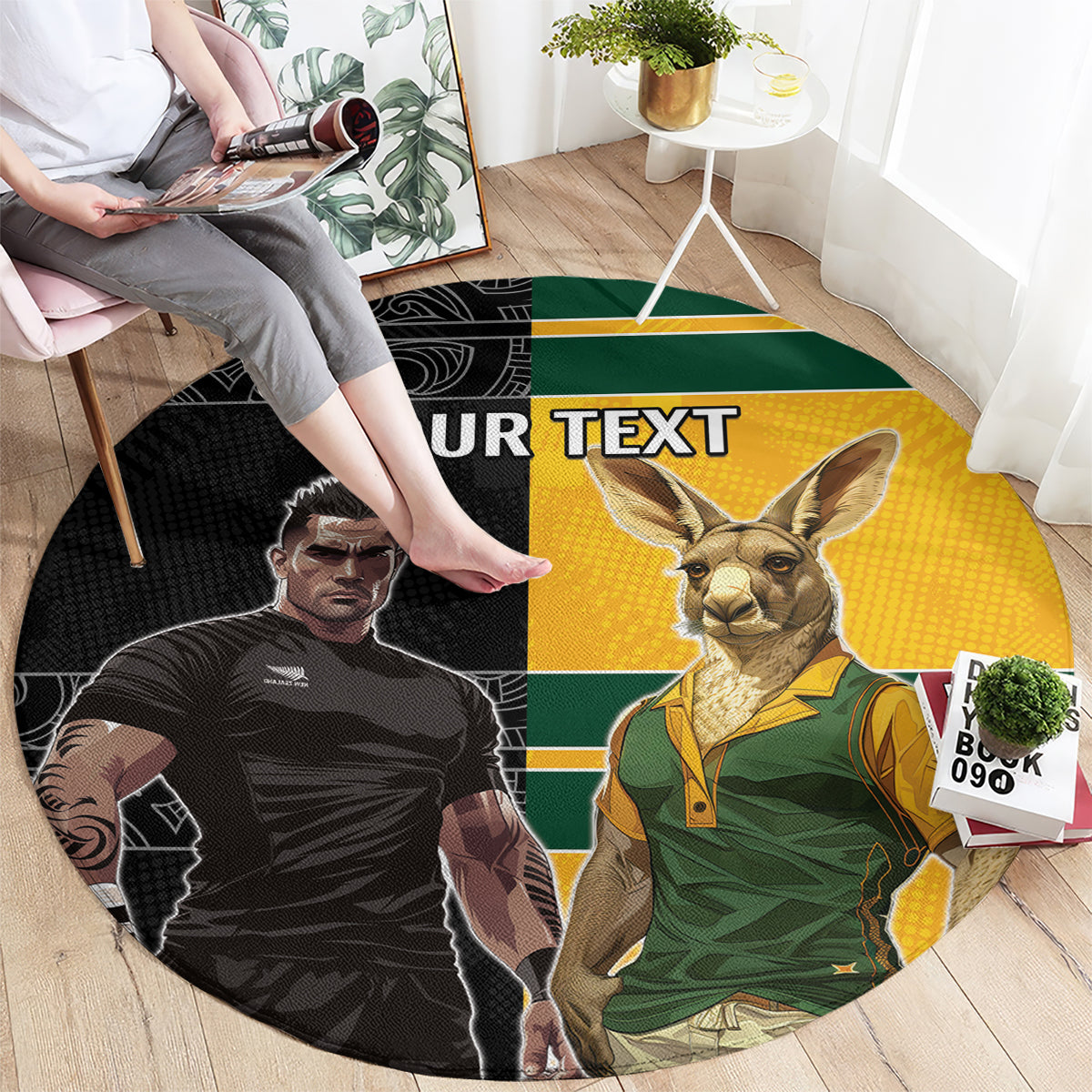 Custom New Zealand and Australia Rugby Round Carpet Kangroo and Maori Warrior Together