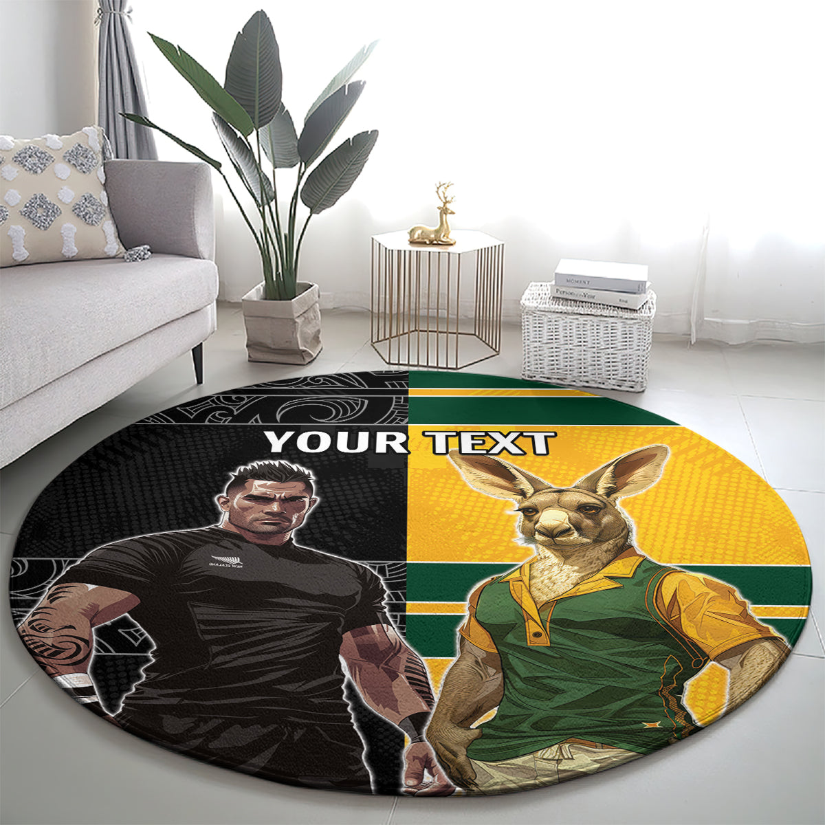 Custom New Zealand and Australia Rugby Round Carpet Kangroo and Maori Warrior Together