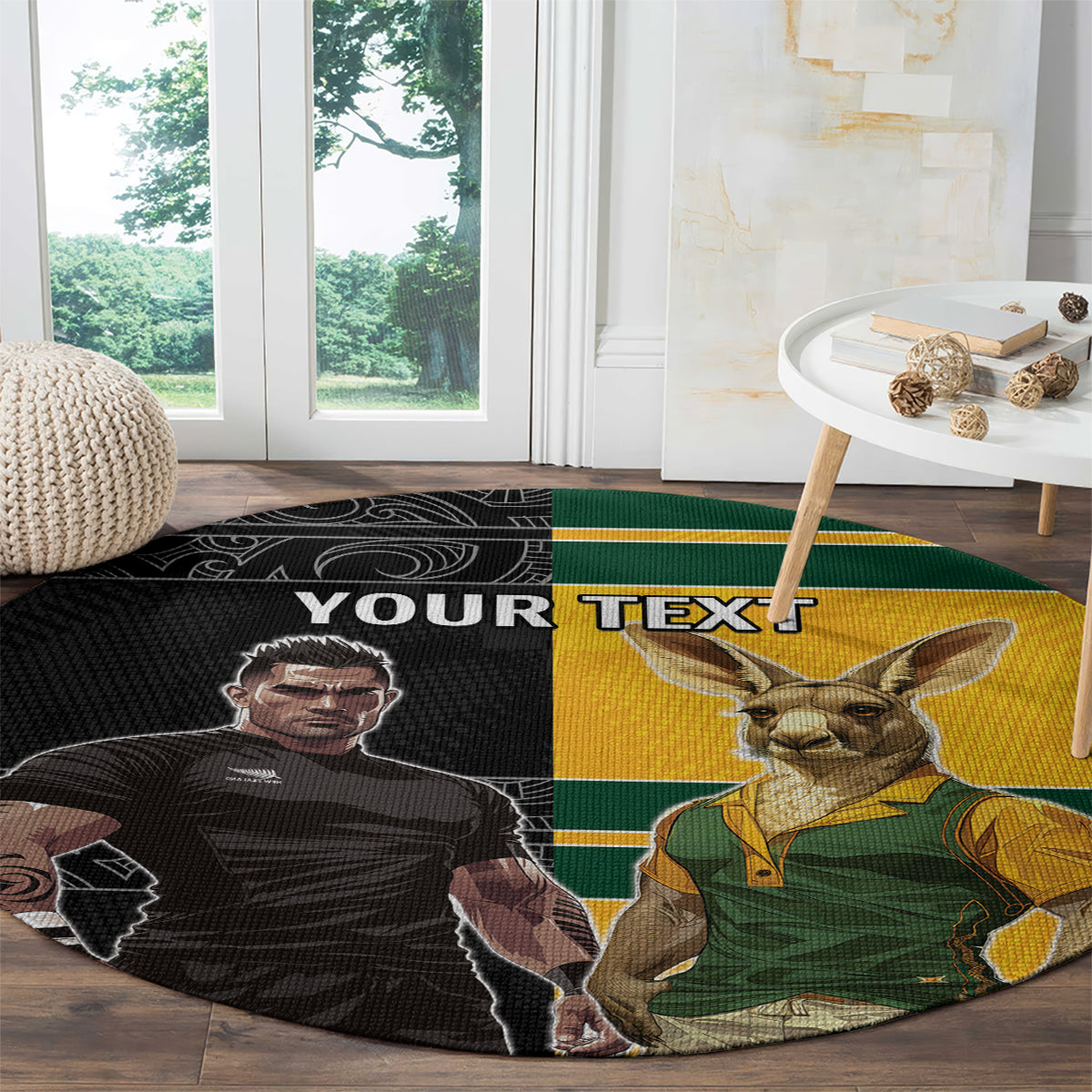 Custom New Zealand and Australia Rugby Round Carpet Kangroo and Maori Warrior Together