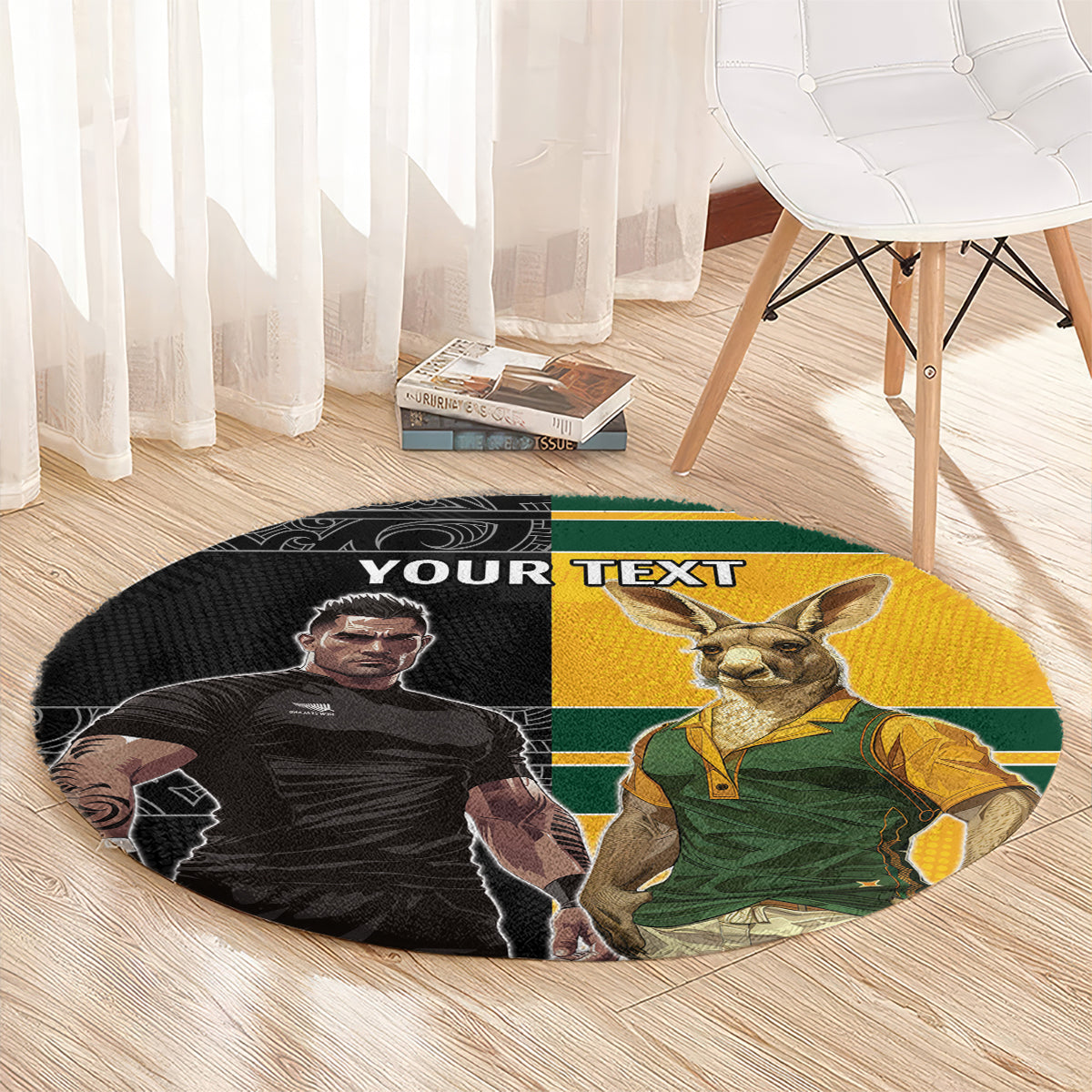 Custom New Zealand and Australia Rugby Round Carpet Kangroo and Maori Warrior Together