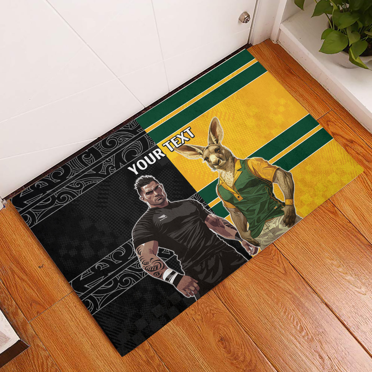 Custom New Zealand and Australia Rugby Rubber Doormat Kangroo and Maori Warrior Together