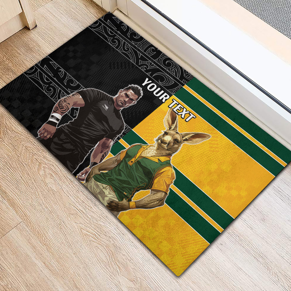 Custom New Zealand and Australia Rugby Rubber Doormat Kangroo and Maori Warrior Together