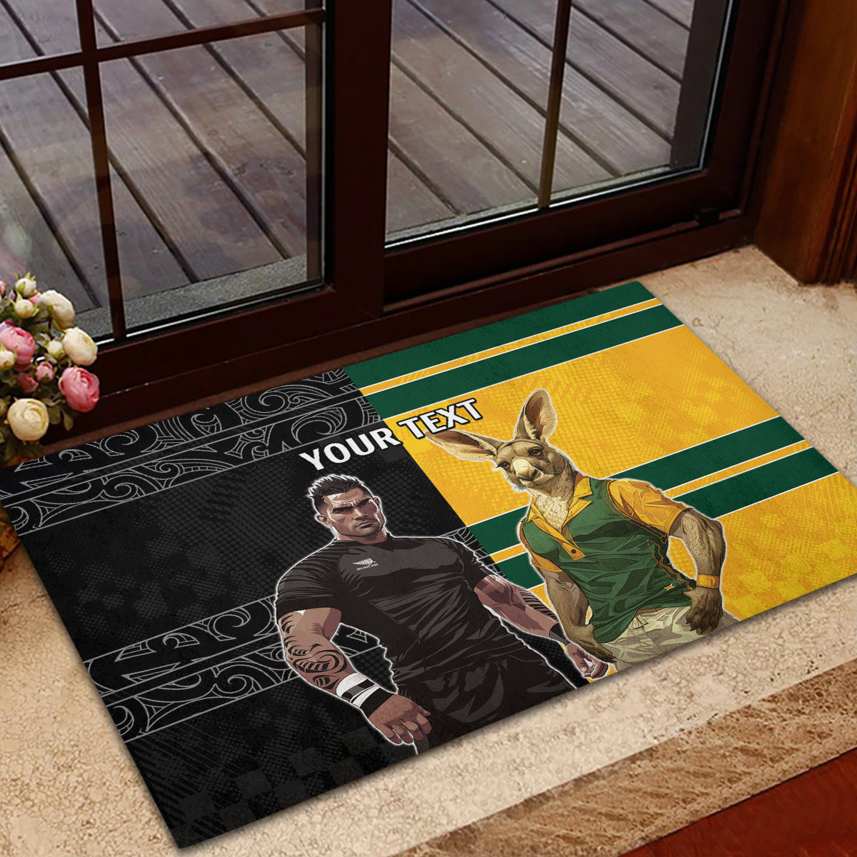 Custom New Zealand and Australia Rugby Rubber Doormat Kangroo and Maori Warrior Together