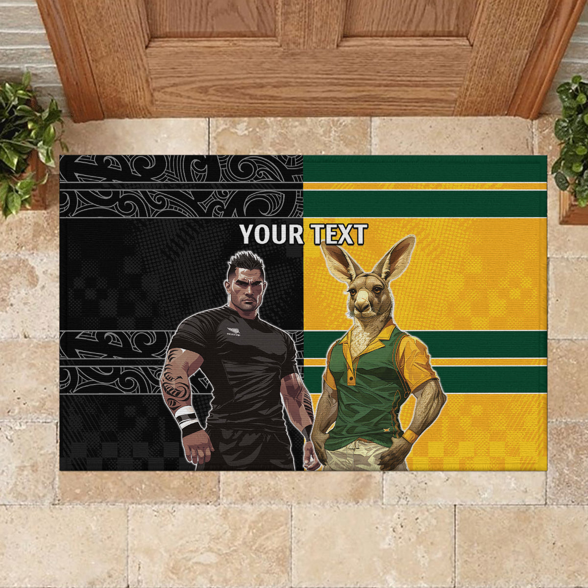 Custom New Zealand and Australia Rugby Rubber Doormat Kangroo and Maori Warrior Together