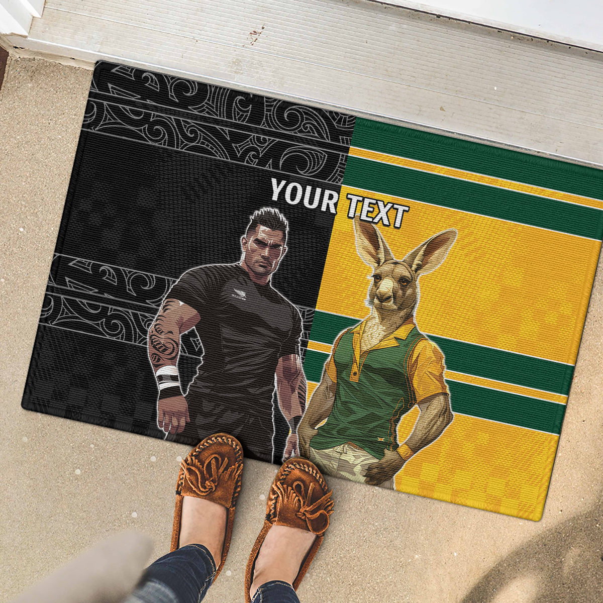 Custom New Zealand and Australia Rugby Rubber Doormat Kangroo and Maori Warrior Together