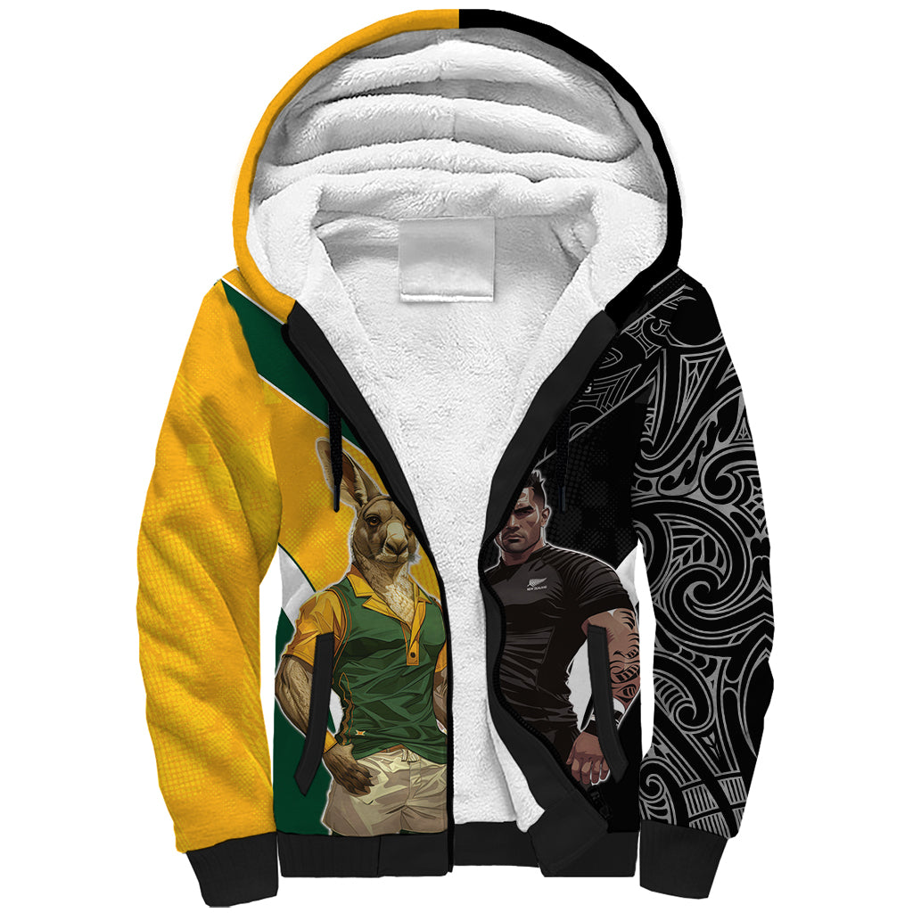 Custom New Zealand and Australia Rugby Sherpa Hoodie Kangroo and Maori Warrior Together - Vibe Hoodie Shop