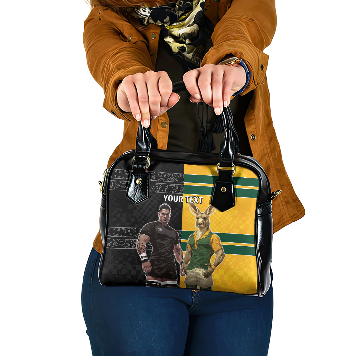 Custom New Zealand and Australia Rugby Shoulder Handbag Kangroo and Maori Warrior Together - Vibe Hoodie Shop