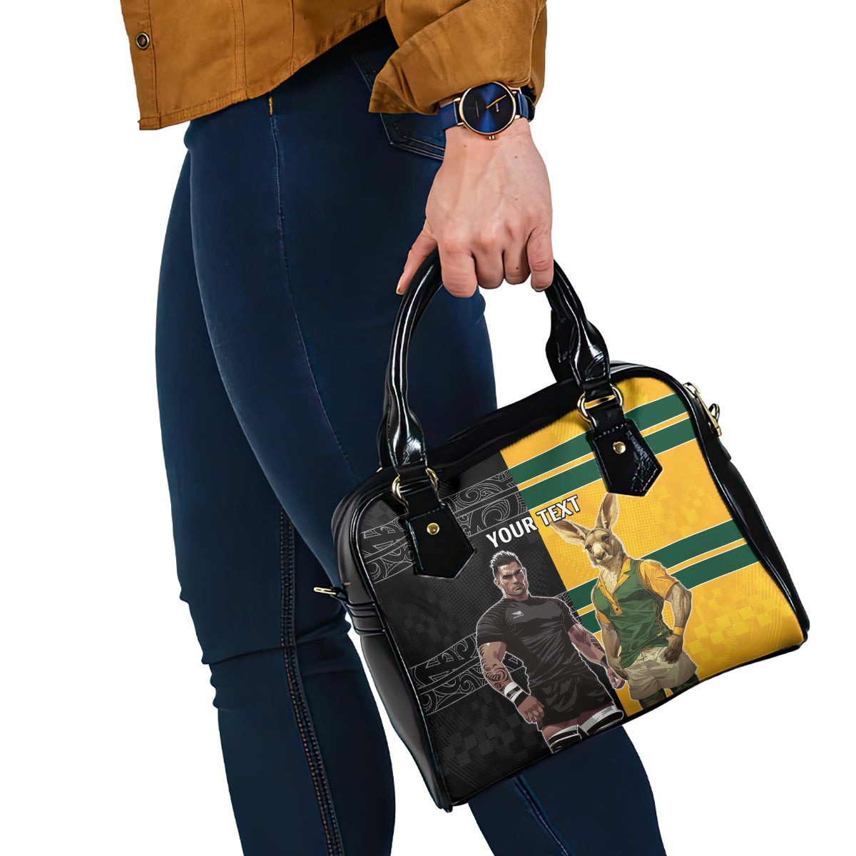 Custom New Zealand and Australia Rugby Shoulder Handbag Kangroo and Maori Warrior Together - Vibe Hoodie Shop