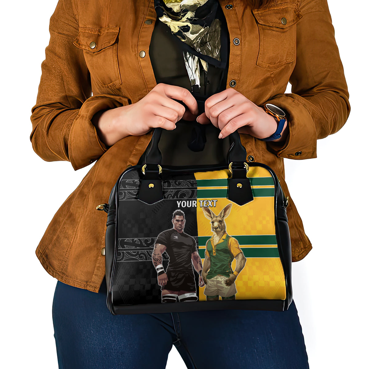 Custom New Zealand and Australia Rugby Shoulder Handbag Kangroo and Maori Warrior Together - Vibe Hoodie Shop