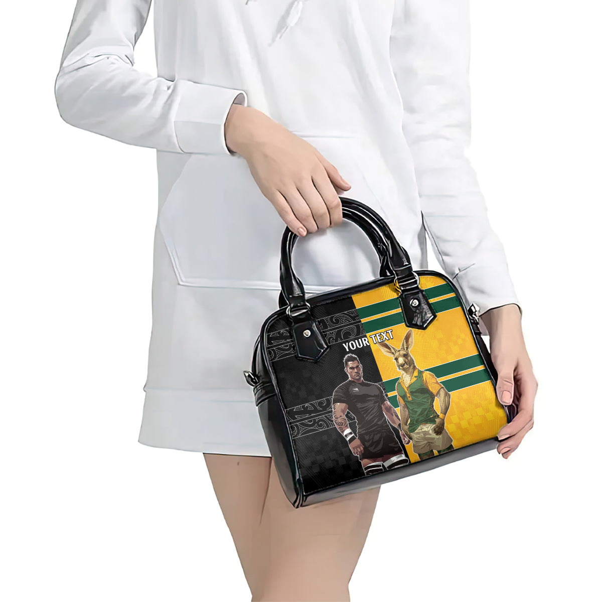 Custom New Zealand and Australia Rugby Shoulder Handbag Kangroo and Maori Warrior Together - Vibe Hoodie Shop