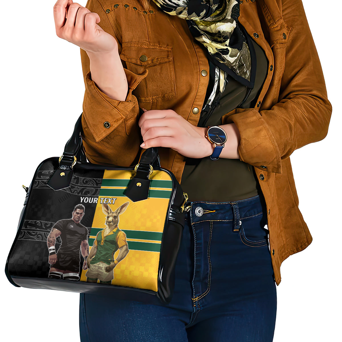 Custom New Zealand and Australia Rugby Shoulder Handbag Kangroo and Maori Warrior Together - Vibe Hoodie Shop