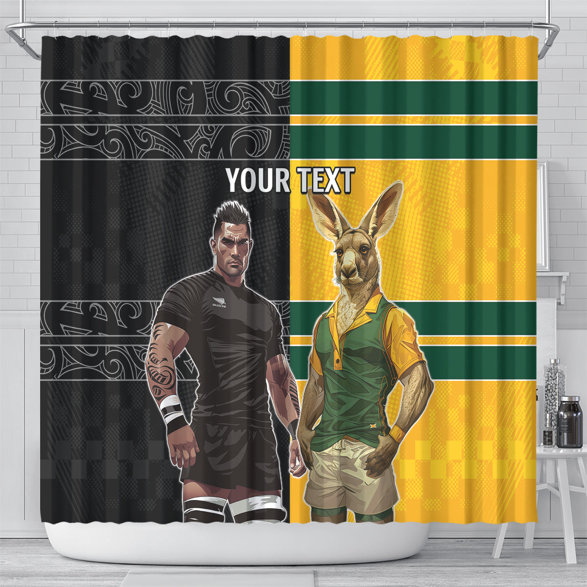 Custom New Zealand and Australia Rugby Shower Curtain Kangroo and Maori Warrior Together